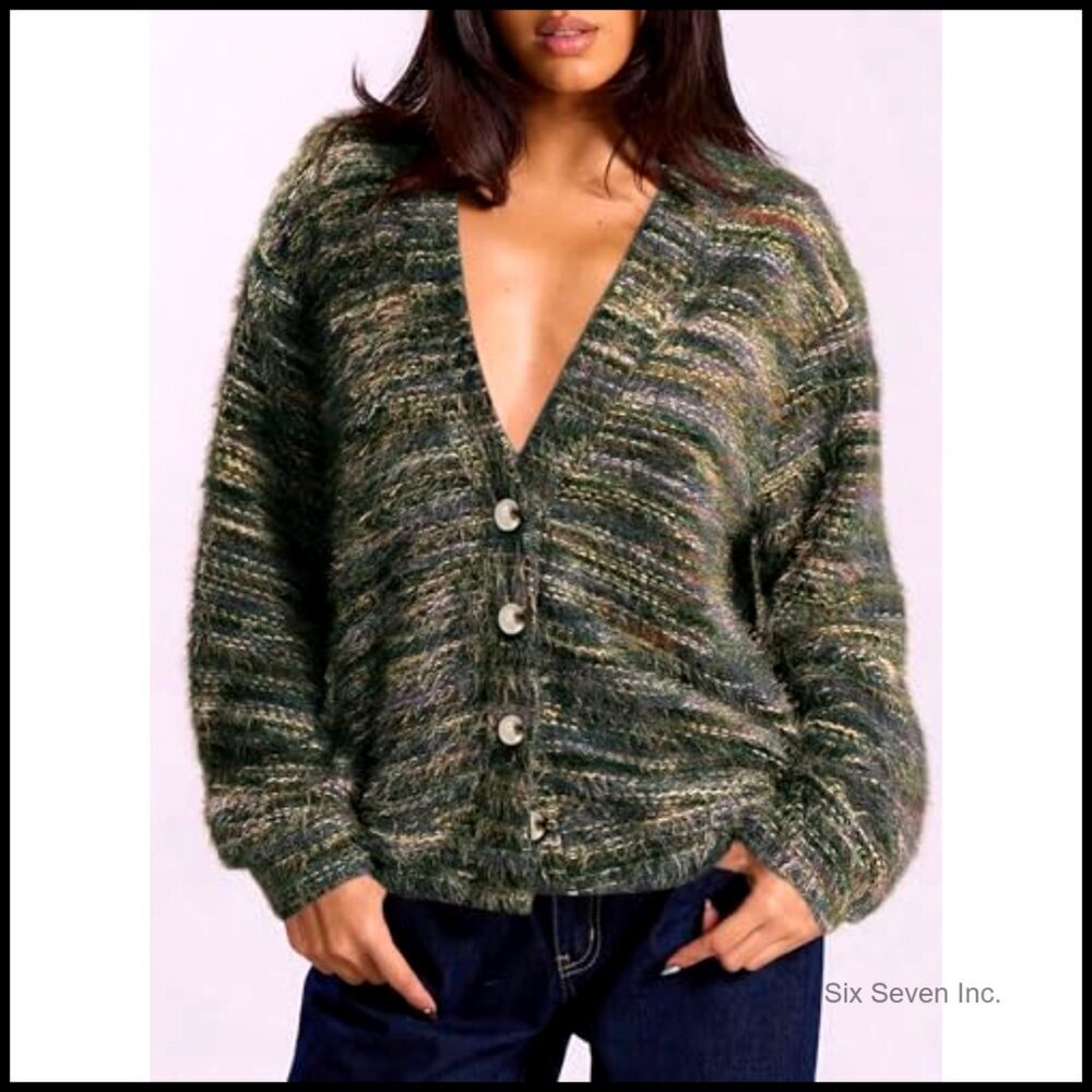 Striped V-Neck Cardigan Fuzzy Knit Oversized Chic Fall Winter Outerwear - Picture 4 of 7